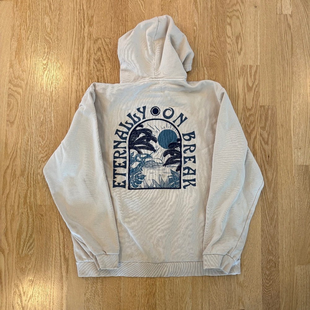 Marine Layer Men's Hoodie: Cream, fleeced lined "Eternally on Break" graphic LG